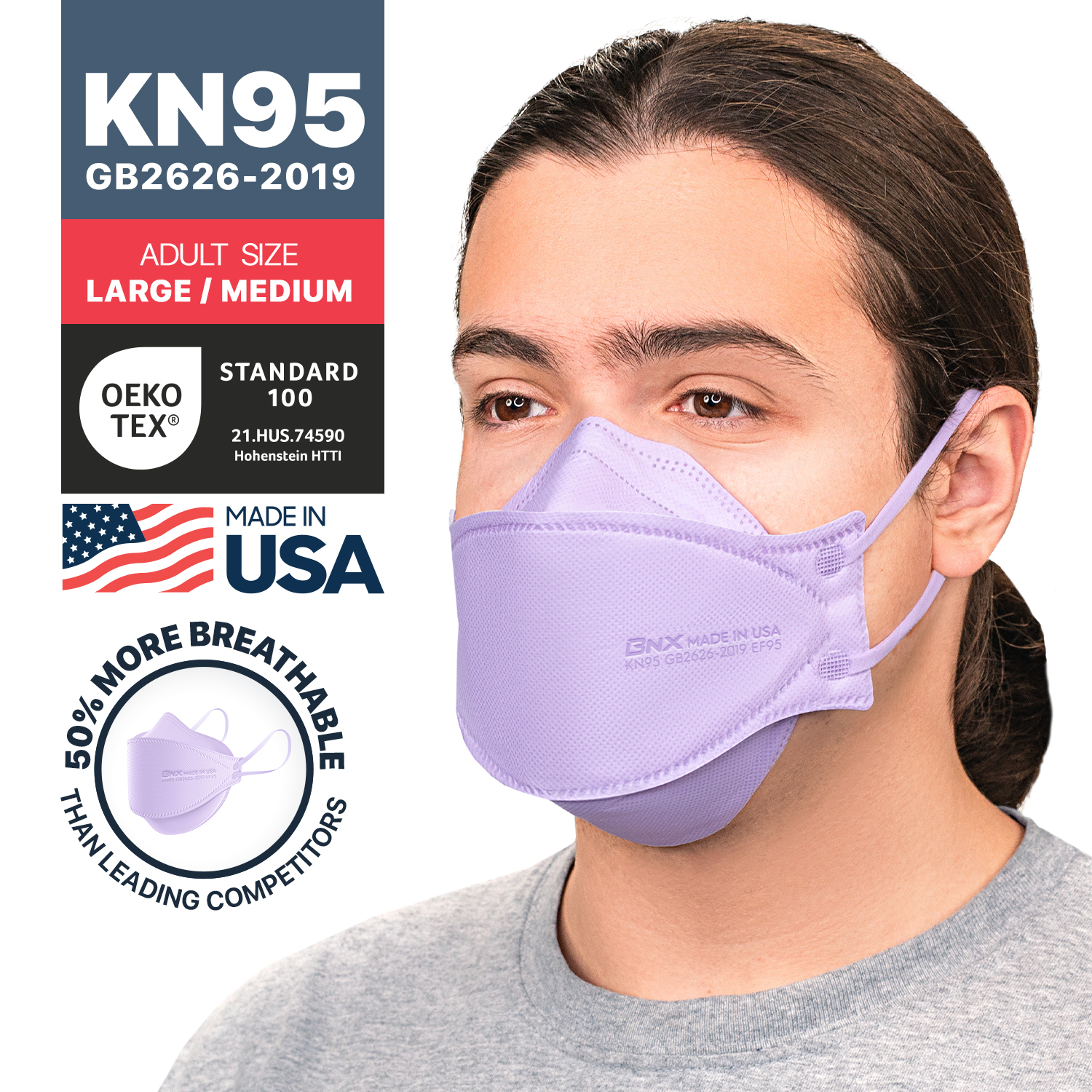 BNX 20-Pack KN95 Face Masks, Disposable Particulate KN95 Mask Made in USA,  Tri-Fold Cup/Fish Style (20 Pack) (Earloop) (Model: EF95) Violet