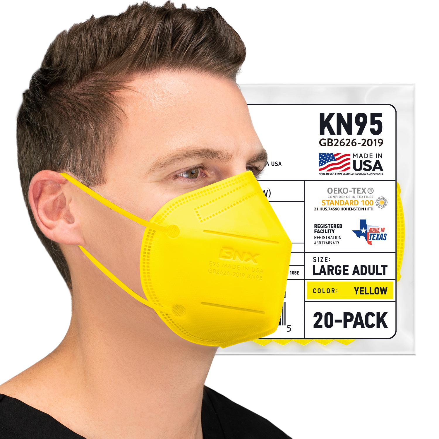 BNX KN95 Mask (E95), Made in USA KN95 Face Mask, Yellow (Adult Large ...